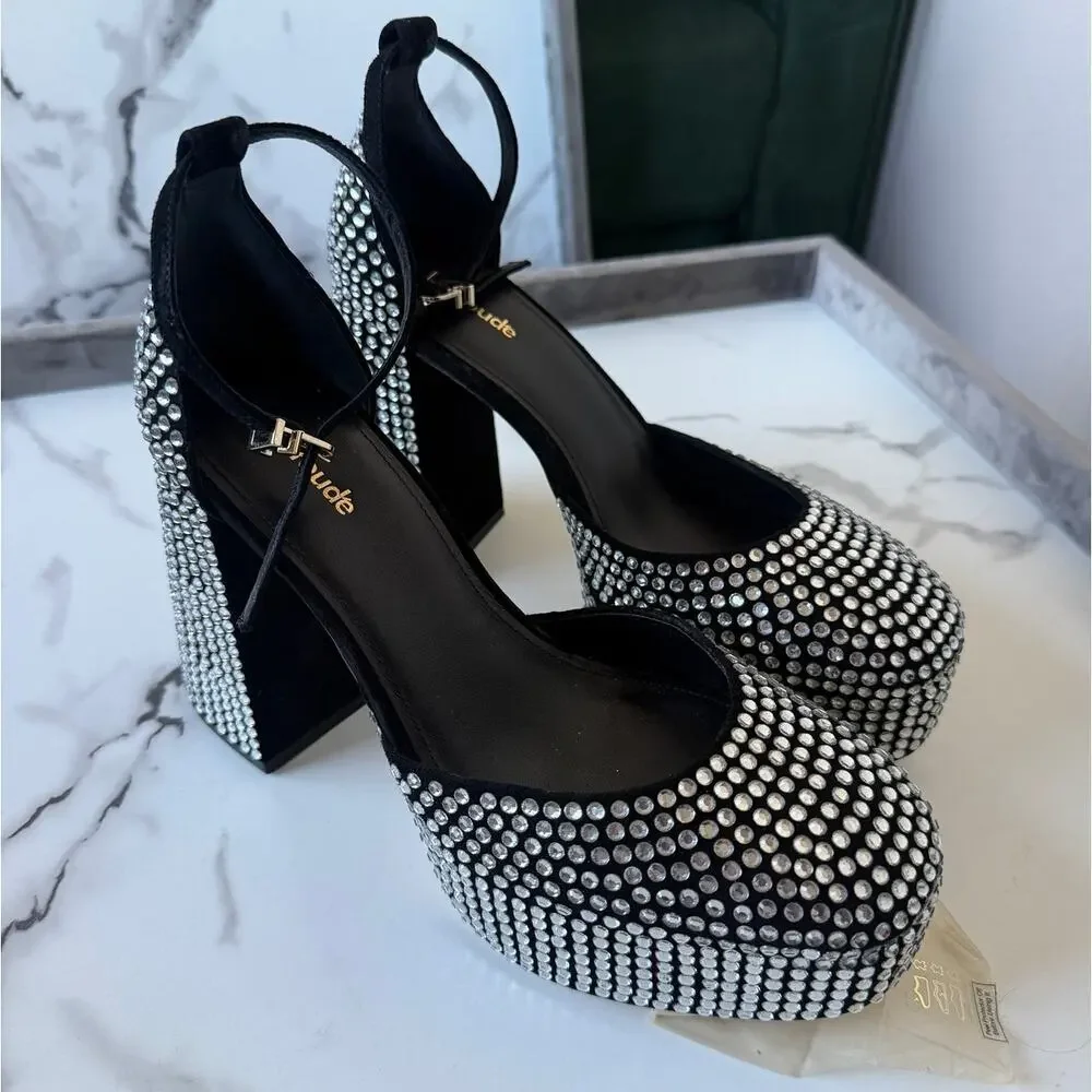 Larroude Ari Crystal Platform Pumps in Black Silver NEW Size 9